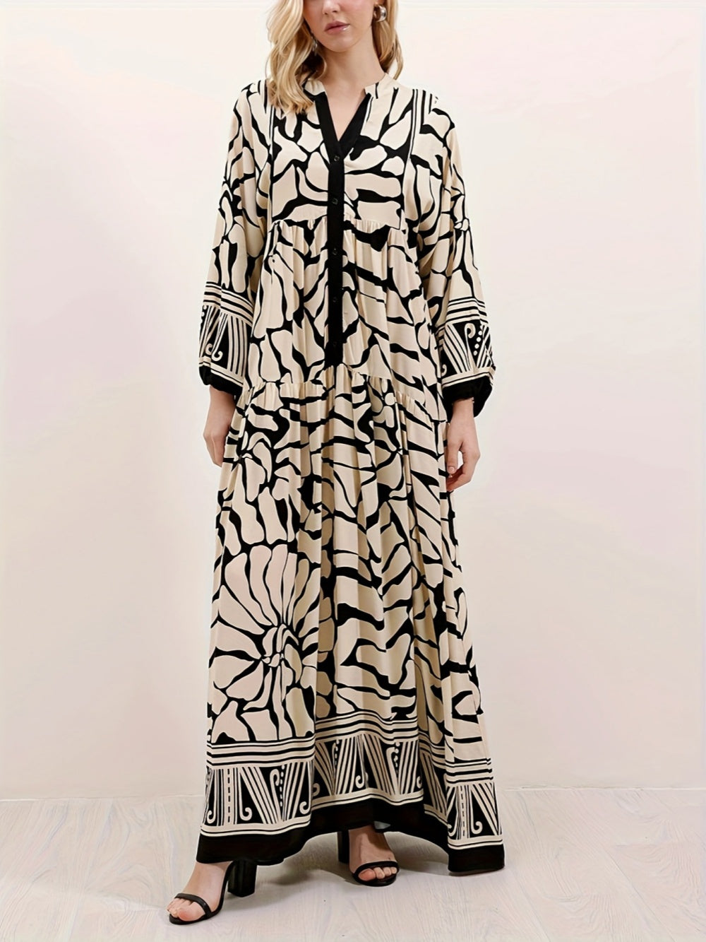 Camille – Printed Lantern Sleeve Loose Dress