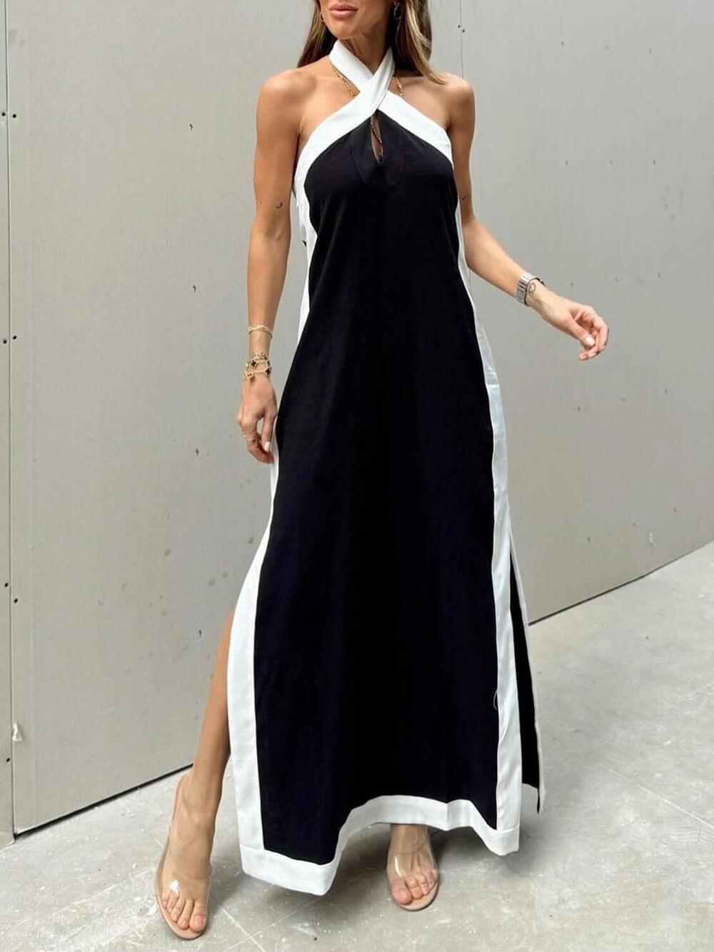 Amira – Halter Neck Color Block Maxi Dress with Slit