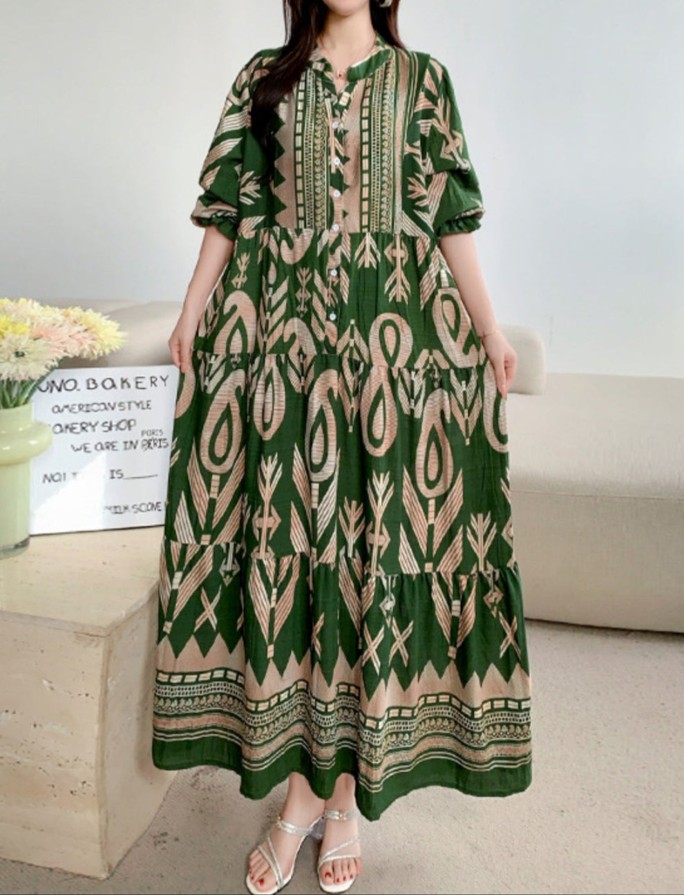 Camille – Printed Lantern Sleeve Loose Dress