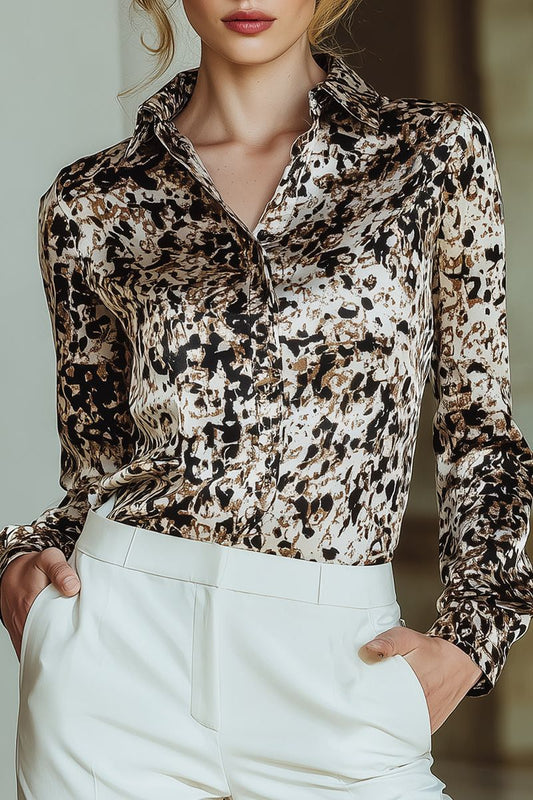 Modern Animal Print Satin Blouse In Cream And Mocha