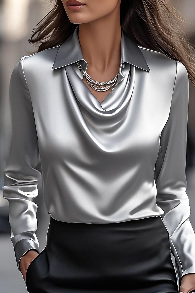 Elegant Satin Blouse with Draped Neckline