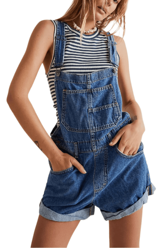 Dark Blue - Vintage Adjustable Denim Overall Shorts