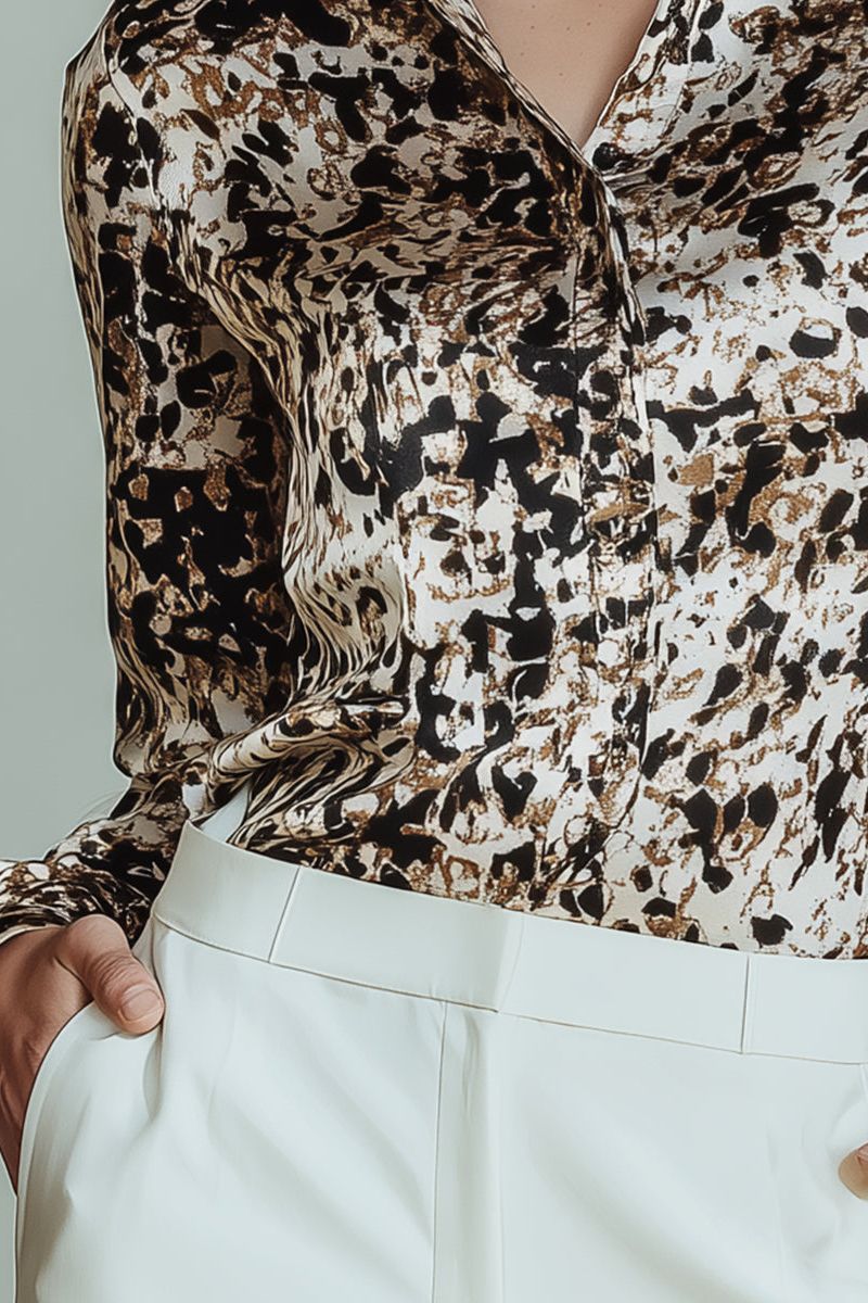 Modern Animal Print Satin Blouse In Cream And Mocha