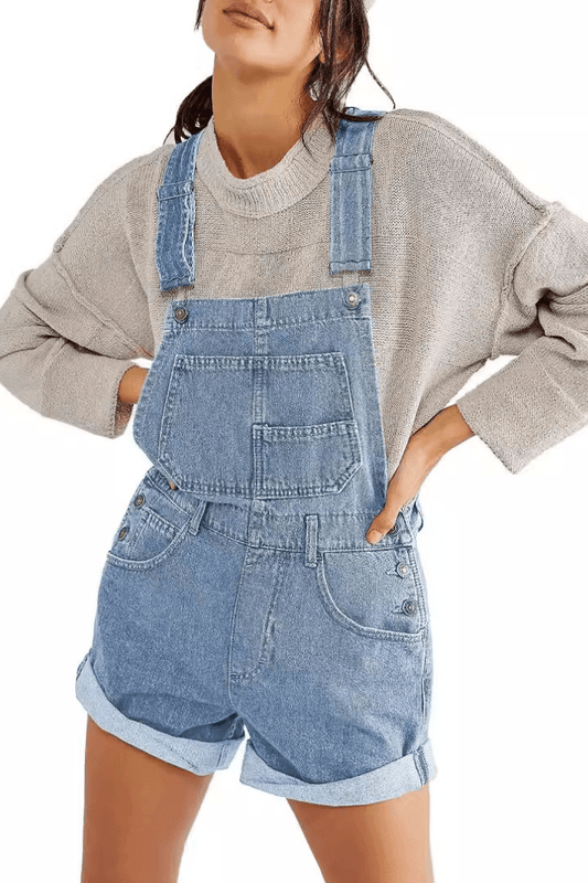 Light Blue - Vintage Adjustable Denim Overall Shorts