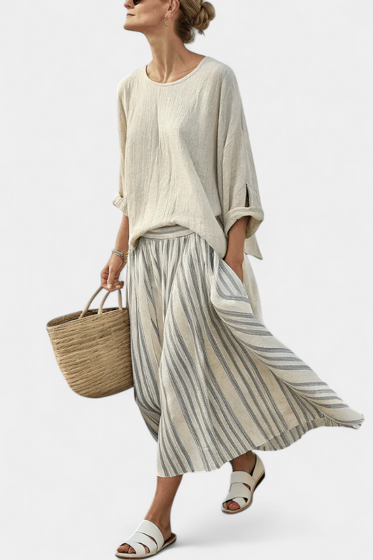 Elegant and Comfortable Complete Casual Daisy Set: Oversized Blouse with Striped Midi Skirt