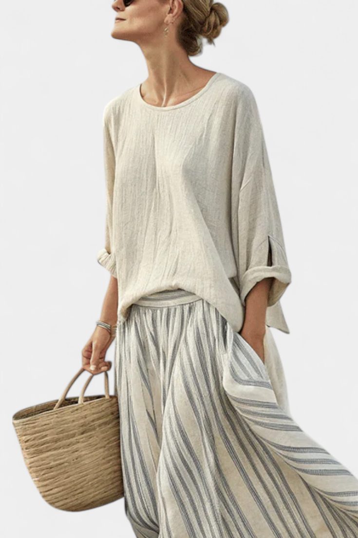 Elegant and Comfortable Complete Casual Daisy Set: Oversized Blouse with Striped Midi Skirt