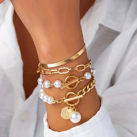 Chic Gold 4-Piece Bracelet Set – Snake, Pearls & Links