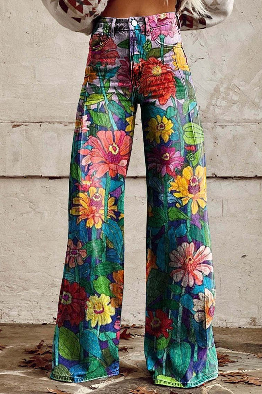 Faith - Chic Vintage Floral Wide-Leg High-Waisted Pants