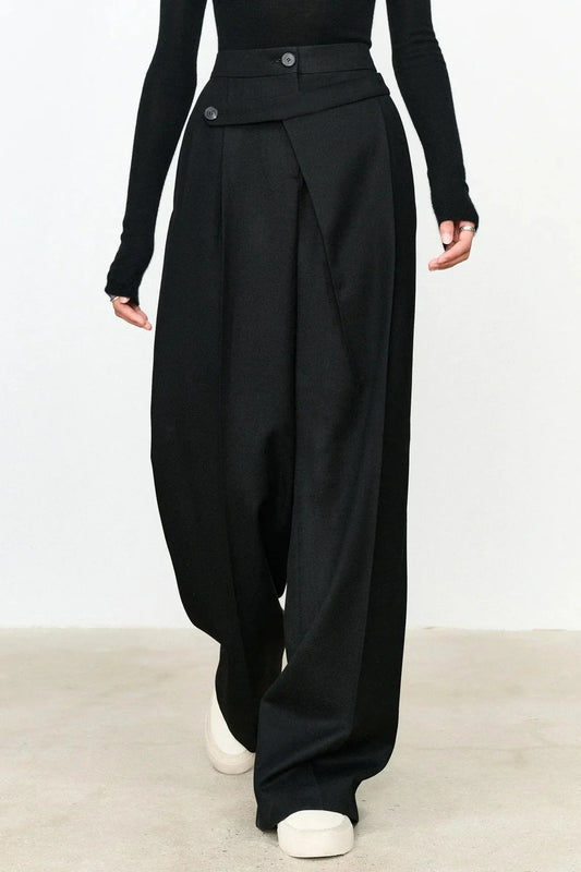 Asymmetric Layer Button Straight Leg Dress Pants