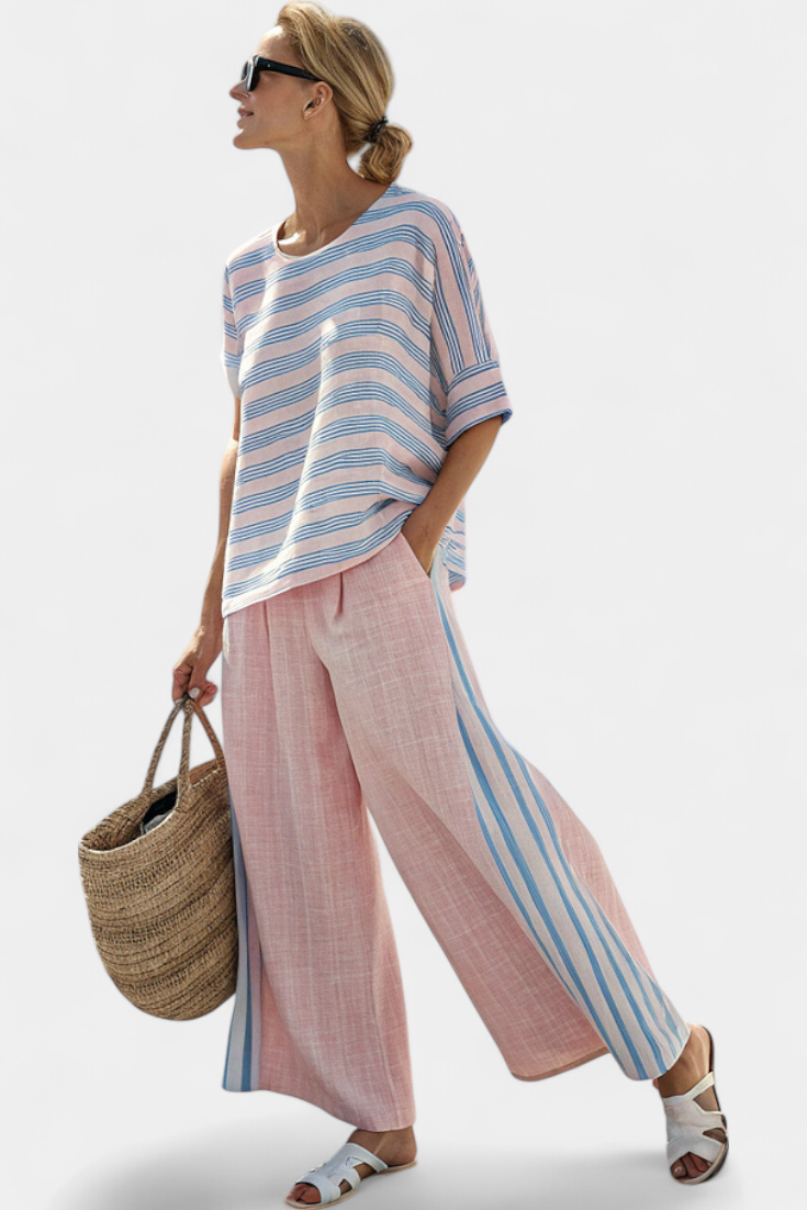 Daisy Set in Soft Pastel Pink with Elegant Blue Stripes