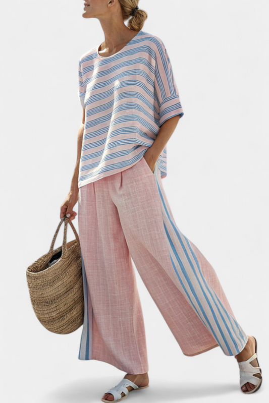 Daisy Set in Soft Pastel Pink with Elegant Blue Stripes