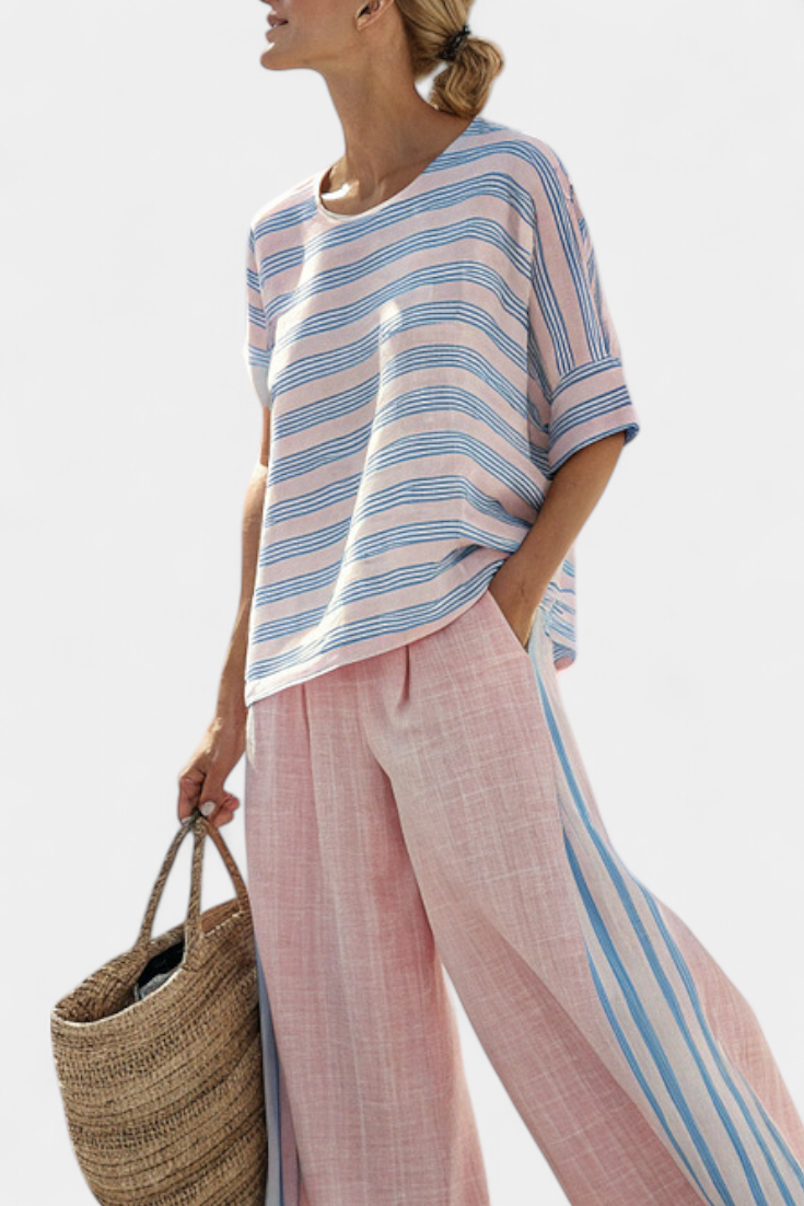 Daisy Set in Soft Pastel Pink with Elegant Blue Stripes