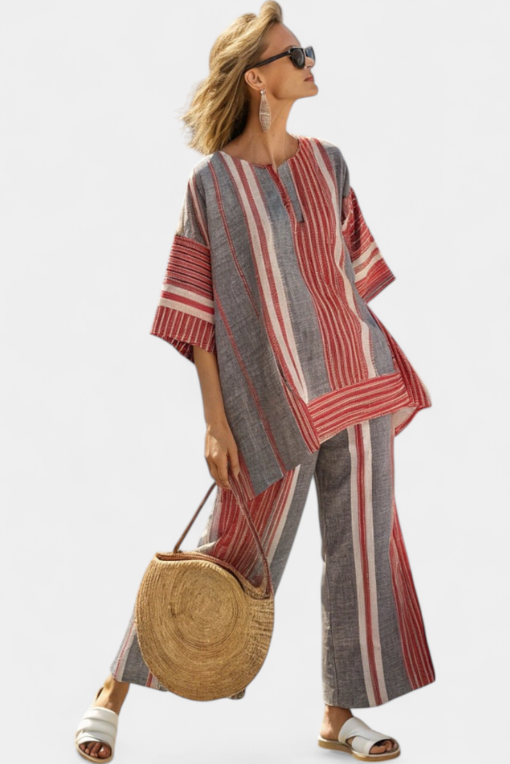 Modern Oversized Daisy Top with Coral and Gray Striped Skirt – Stylish and Comfortable