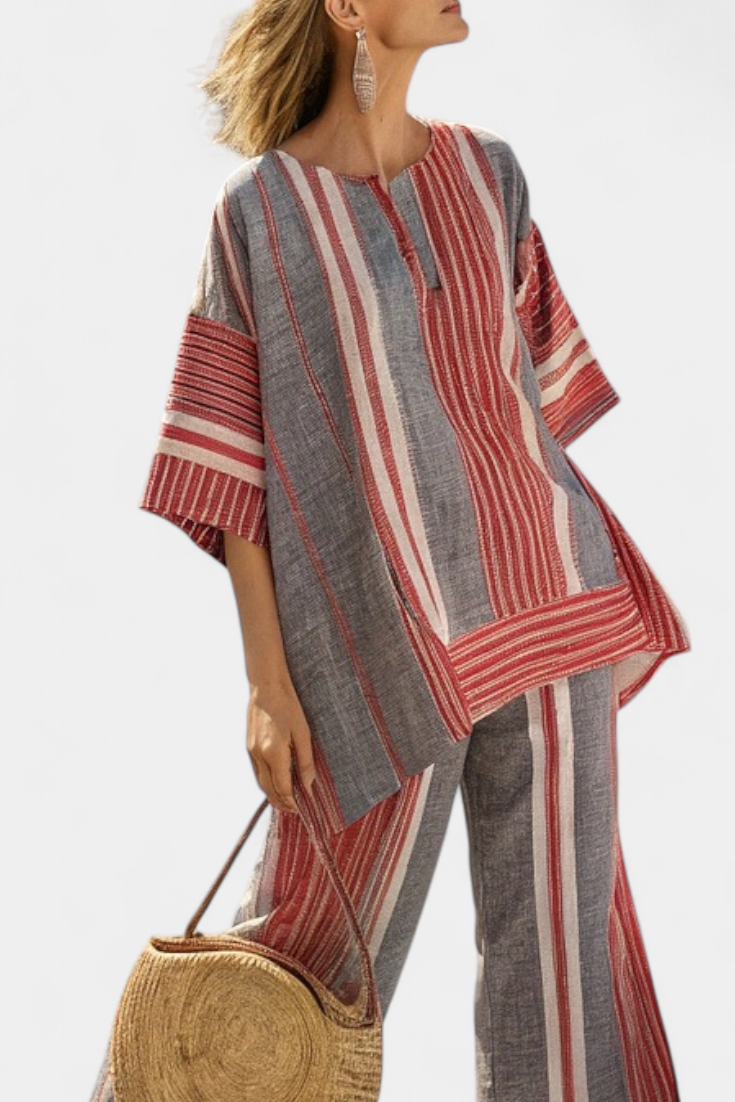Modern Oversized Daisy Top with Coral and Gray Striped Skirt – Stylish and Comfortable