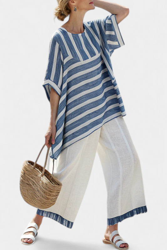 Chic Mediterranean Set with Blue Stripes and Hem-Finished Trousers for a Fresh, Stylish Look