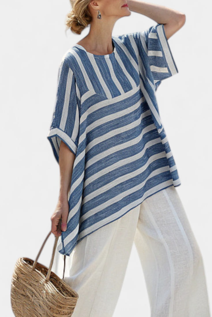 Chic Mediterranean Set with Blue Stripes and Hem-Finished Trousers for a Fresh, Stylish Look