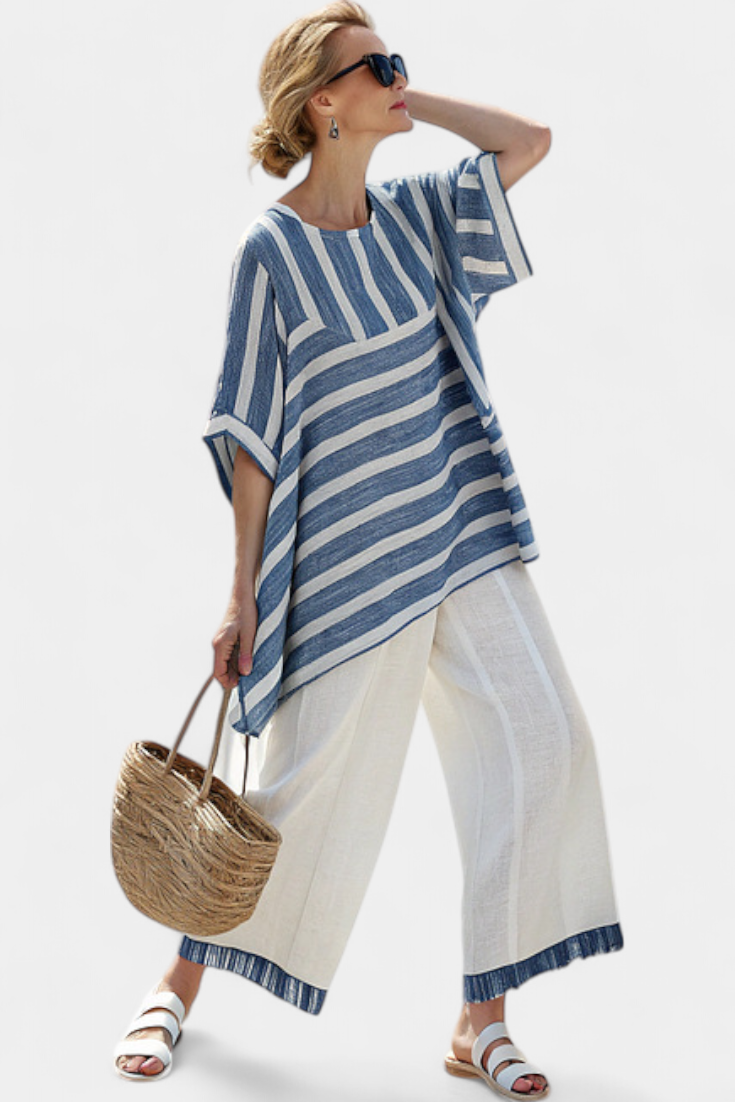 Chic Mediterranean Set with Blue Stripes and Hem-Finished Trousers for a Fresh, Stylish Look