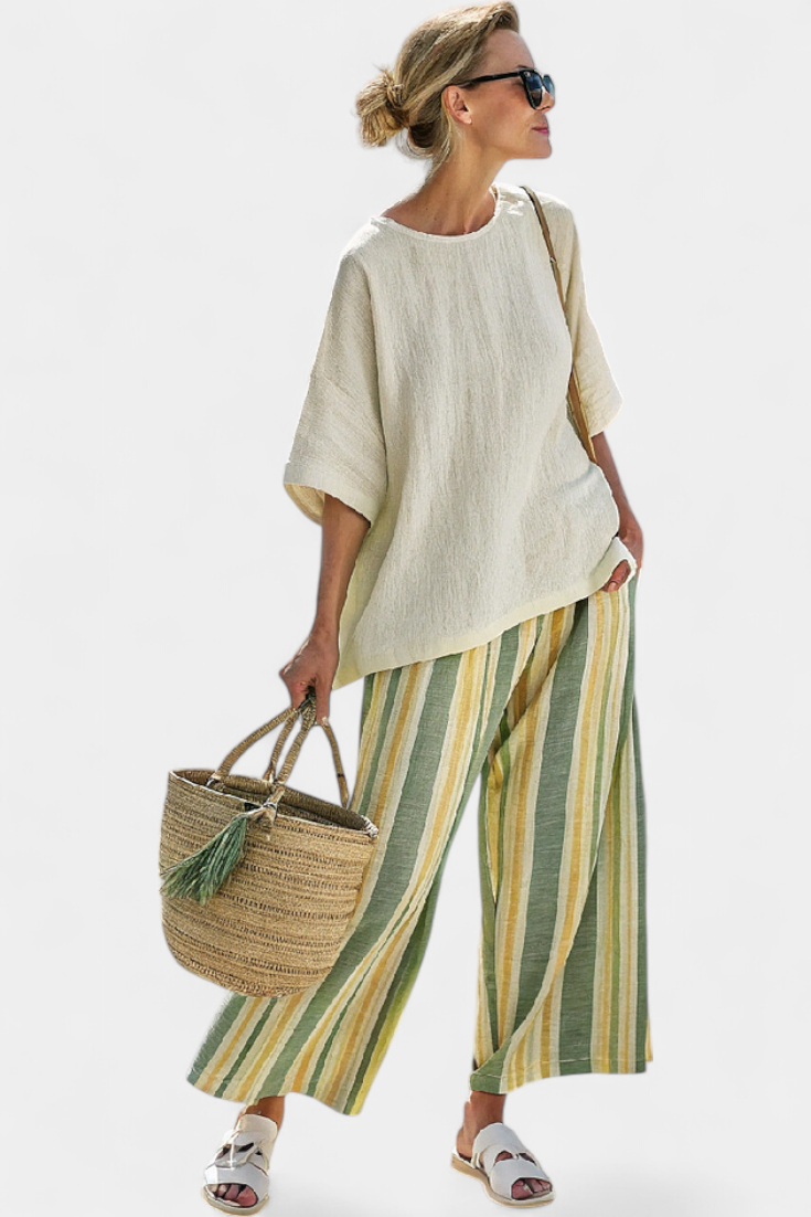 Daisy Mediterranean Set with Olive Green Stripes for an Elegant and Refreshing Look