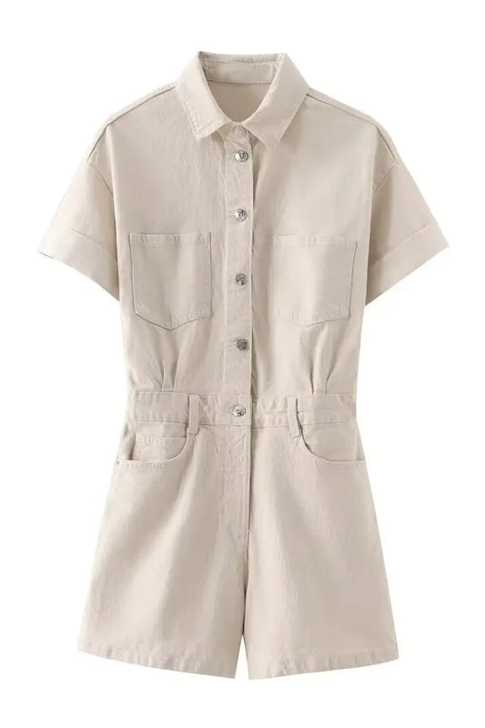 Khaki - Denim Overall Shorts