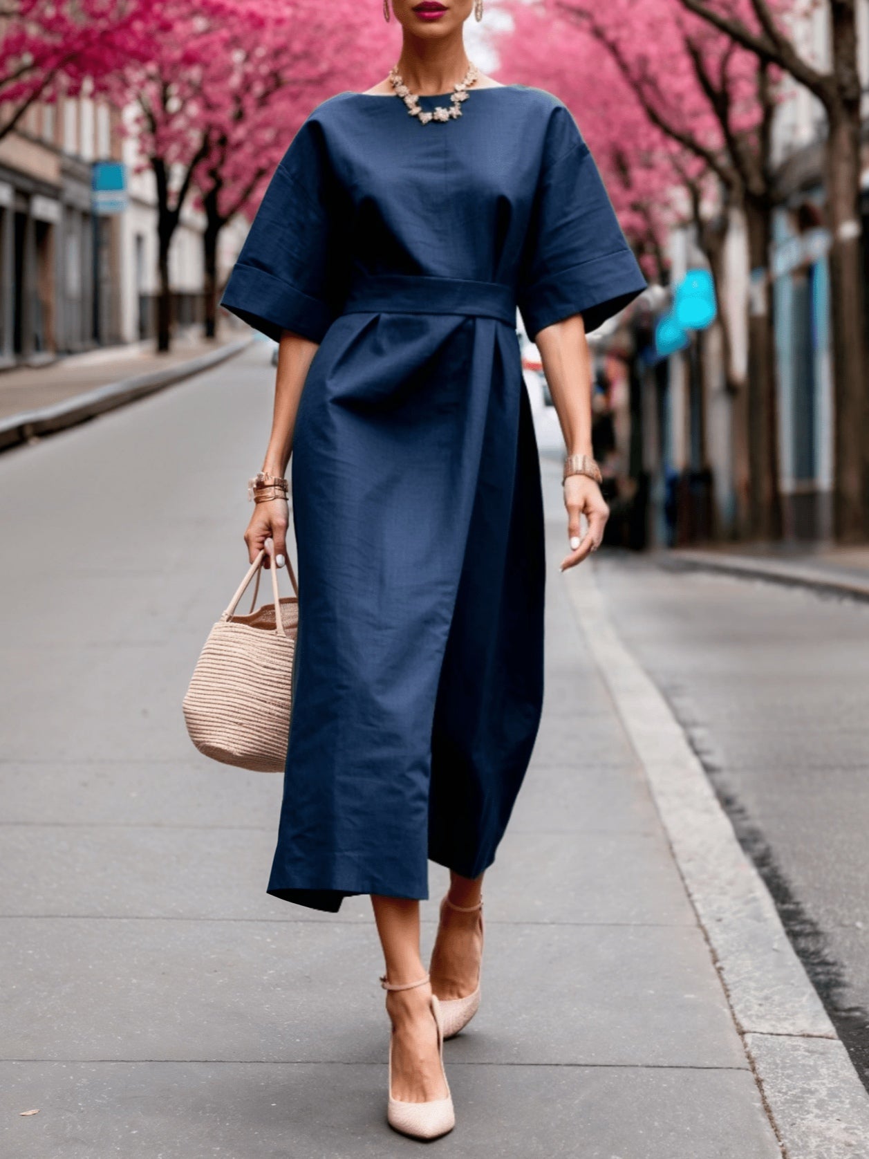 Elara – Linen Boat Neck Tie Dress