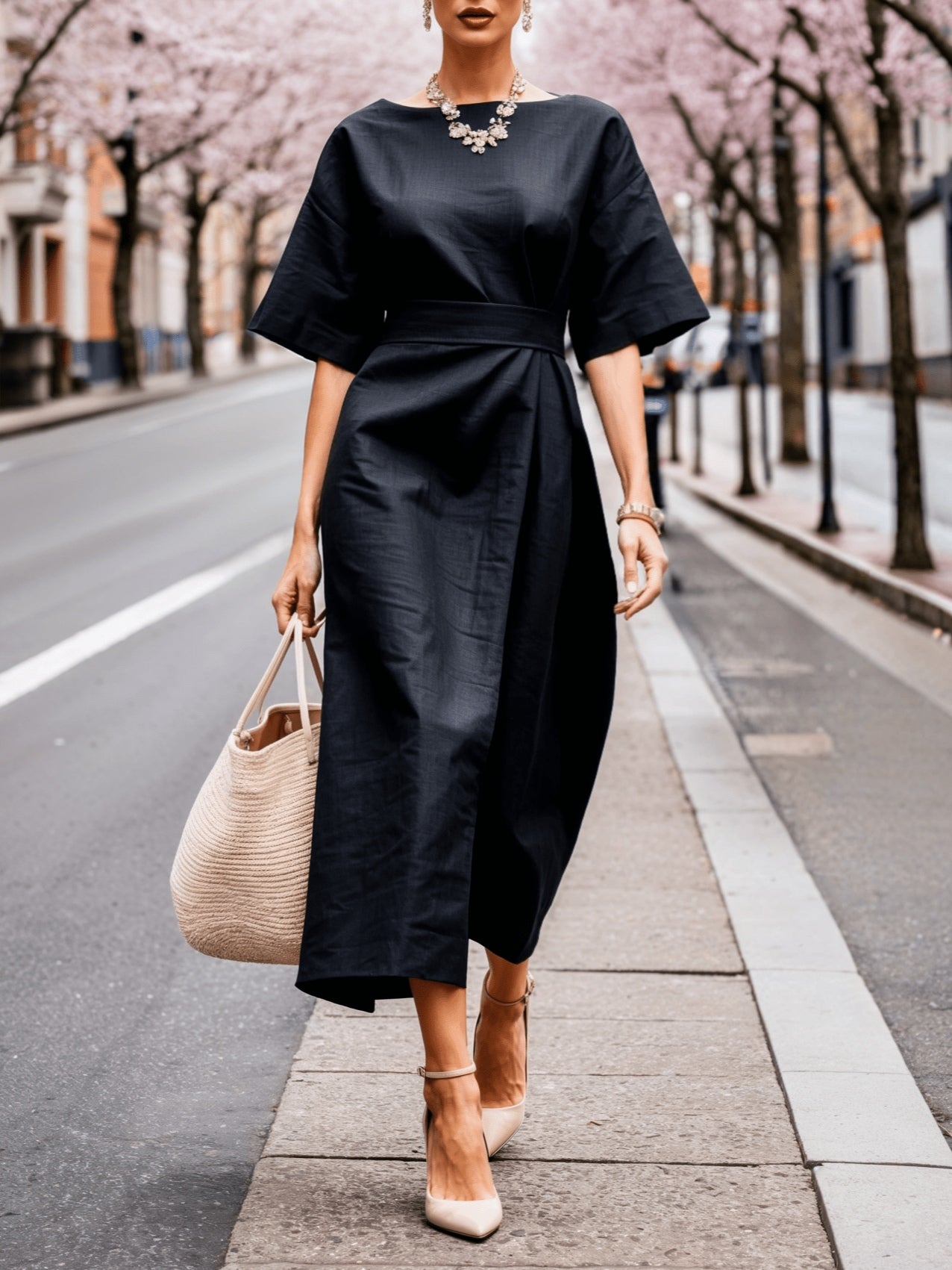 Elara – Linen Boat Neck Tie Dress