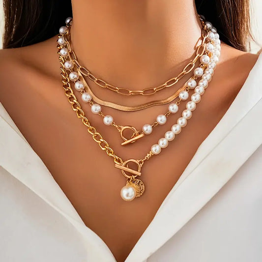 Vintage Pearl & Gold Snake Chain Necklace Set