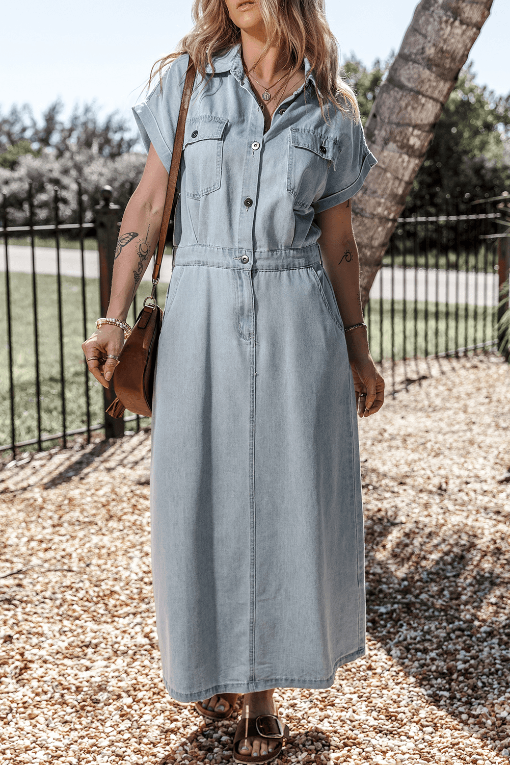 Sofia® | Elegant Denim Dress with Short Batwing Sleeves