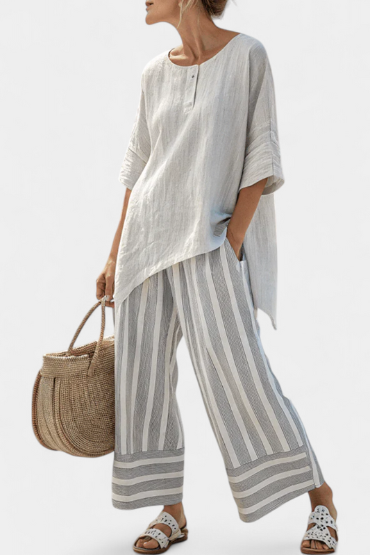 Daisy Asymmetrical Blouse and Striped Pants Set for a Chic and Contemporary Look