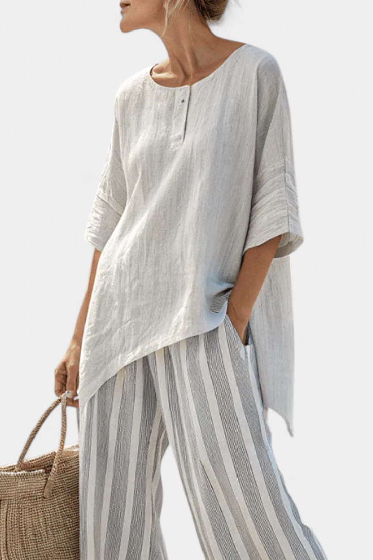 Daisy Asymmetrical Blouse and Striped Pants Set for a Chic and Contemporary Look