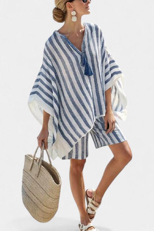 Chic Striped Nancy Ensemble: Oversized Blouse with Stylish Shorts