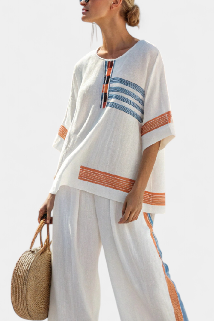 White Daisy Ethnic Set with Striking Blue and Orange Stripes – A Unique and Vibrant Look