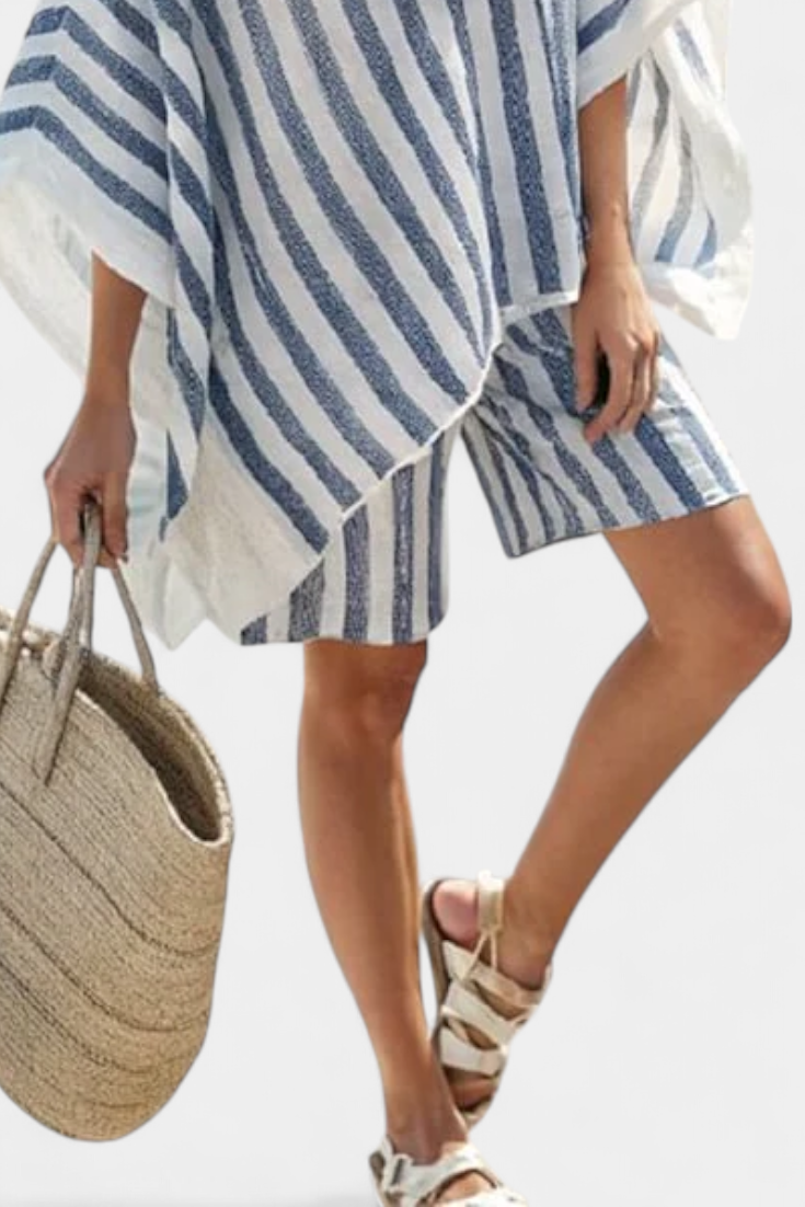 Chic Striped Nancy Ensemble: Oversized Blouse with Stylish Shorts
