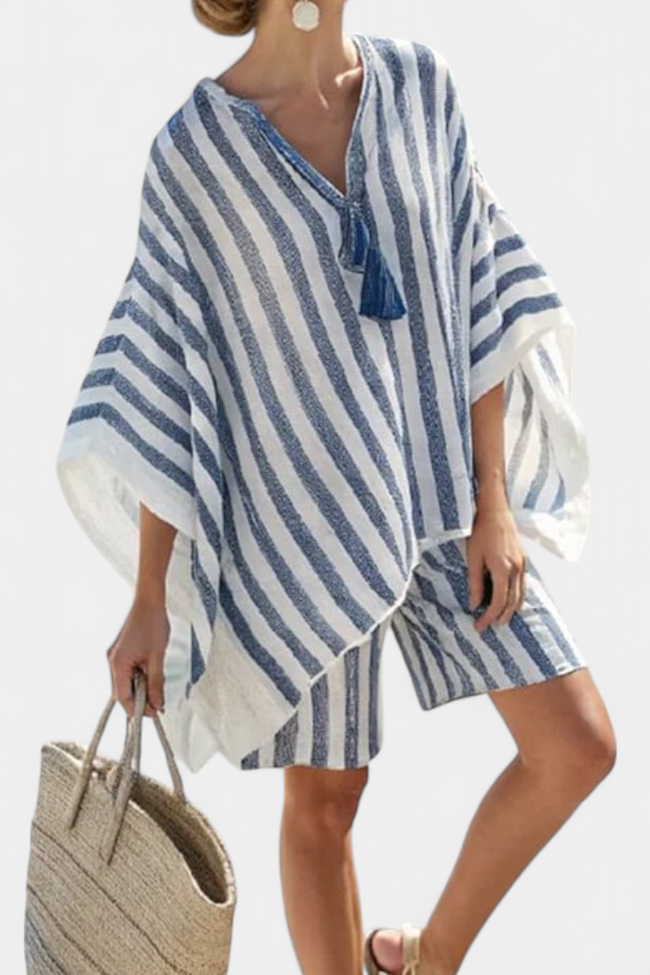 Chic Striped Nancy Ensemble: Oversized Blouse with Stylish Shorts