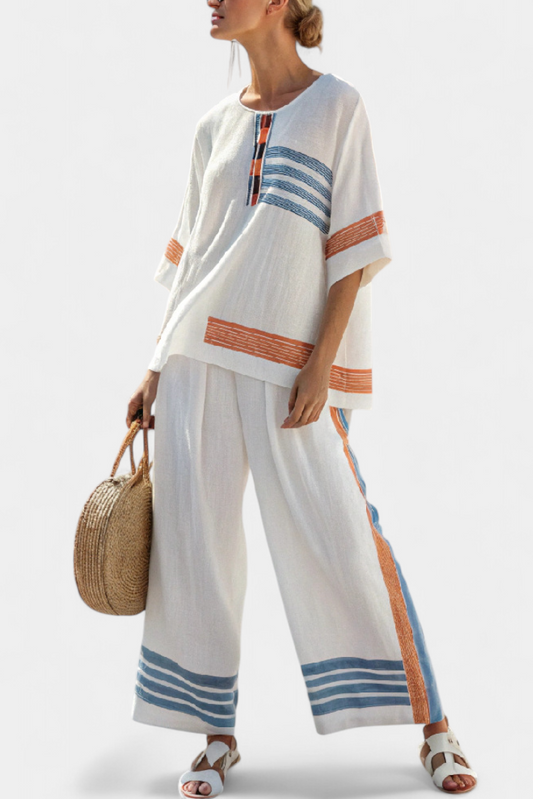 White Daisy Ethnic Set with Striking Blue and Orange Stripes – A Unique and Vibrant Look