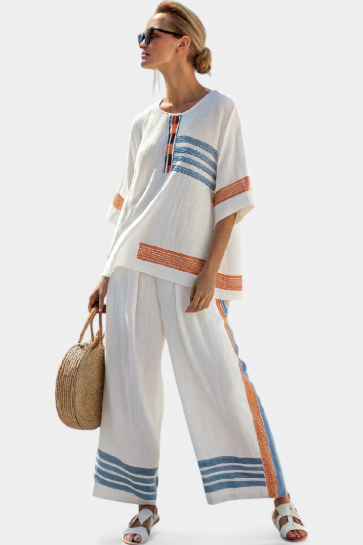 White Daisy Ethnic Set with Striking Blue and Orange Stripes – A Unique and Vibrant Look