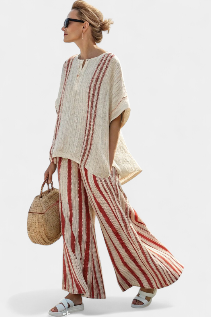 Chic Two-Piece Daisy Set with Red Stripes and Natural Texture
