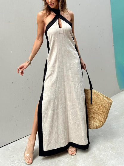 Amira – Halter Neck Color Block Maxi Dress with Slit