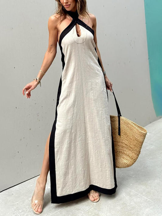 Amira – Halter Neck Color Block Maxi Dress with Slit