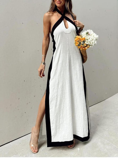 Amira – Halter Neck Color Block Maxi Dress with Slit