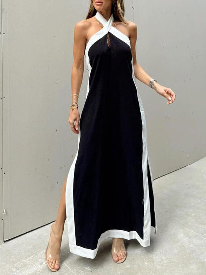 Amira – Halter Neck Color Block Maxi Dress with Slit