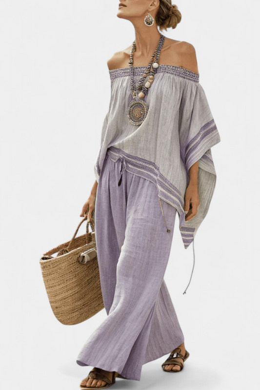 Elegant Ensemble: Off-Shoulder Top & Wide-Leg Pants for a Fresh Look