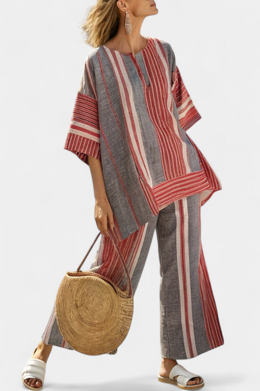 Modern Oversized Daisy Top with Coral and Gray Striped Skirt – Stylish and Comfortable