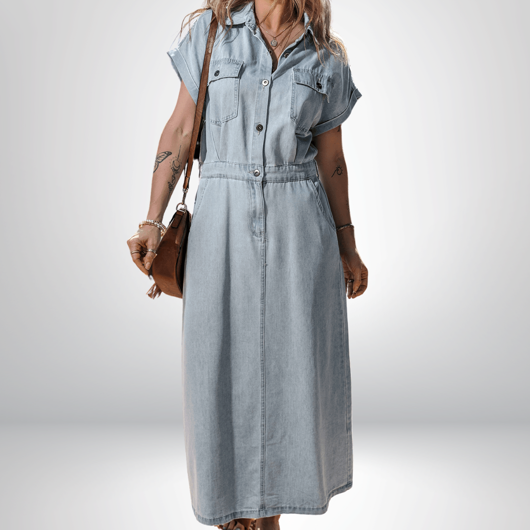 Sofia® | Elegant Denim Dress with Short Batwing Sleeves