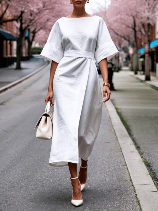 Elara – Linen Boat Neck Tie Dress