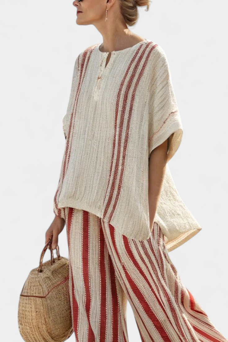 Chic Two-Piece Daisy Set with Red Stripes and Natural Texture