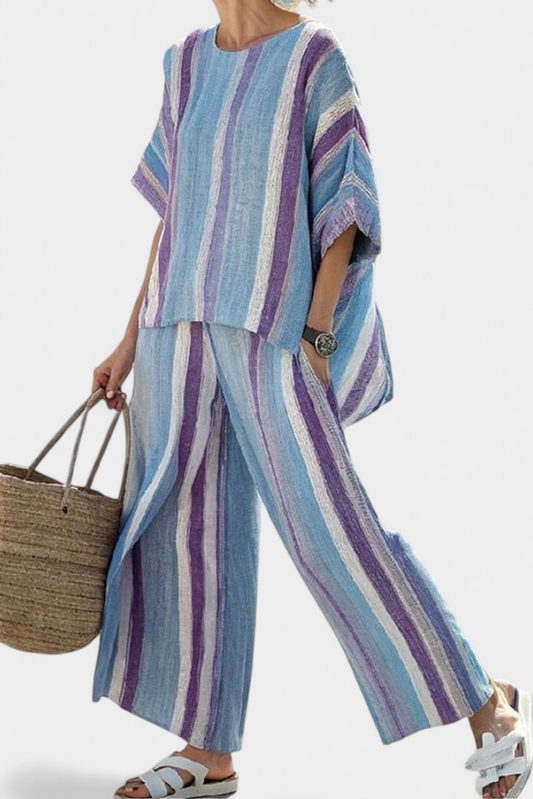 Chic Daisy Striped Ensemble in Mauve and Pastel Blue for a Refined Style