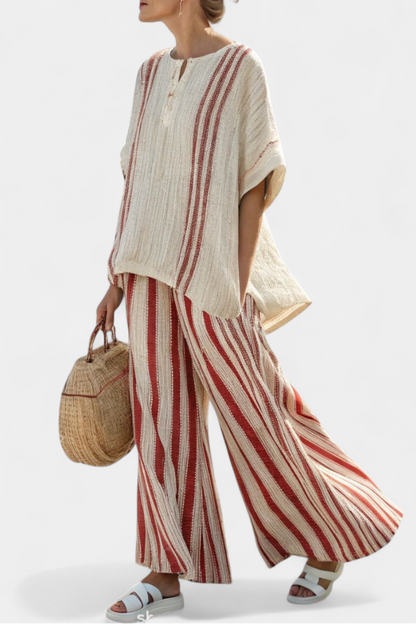 Chic Two-Piece Daisy Set with Red Stripes and Natural Texture